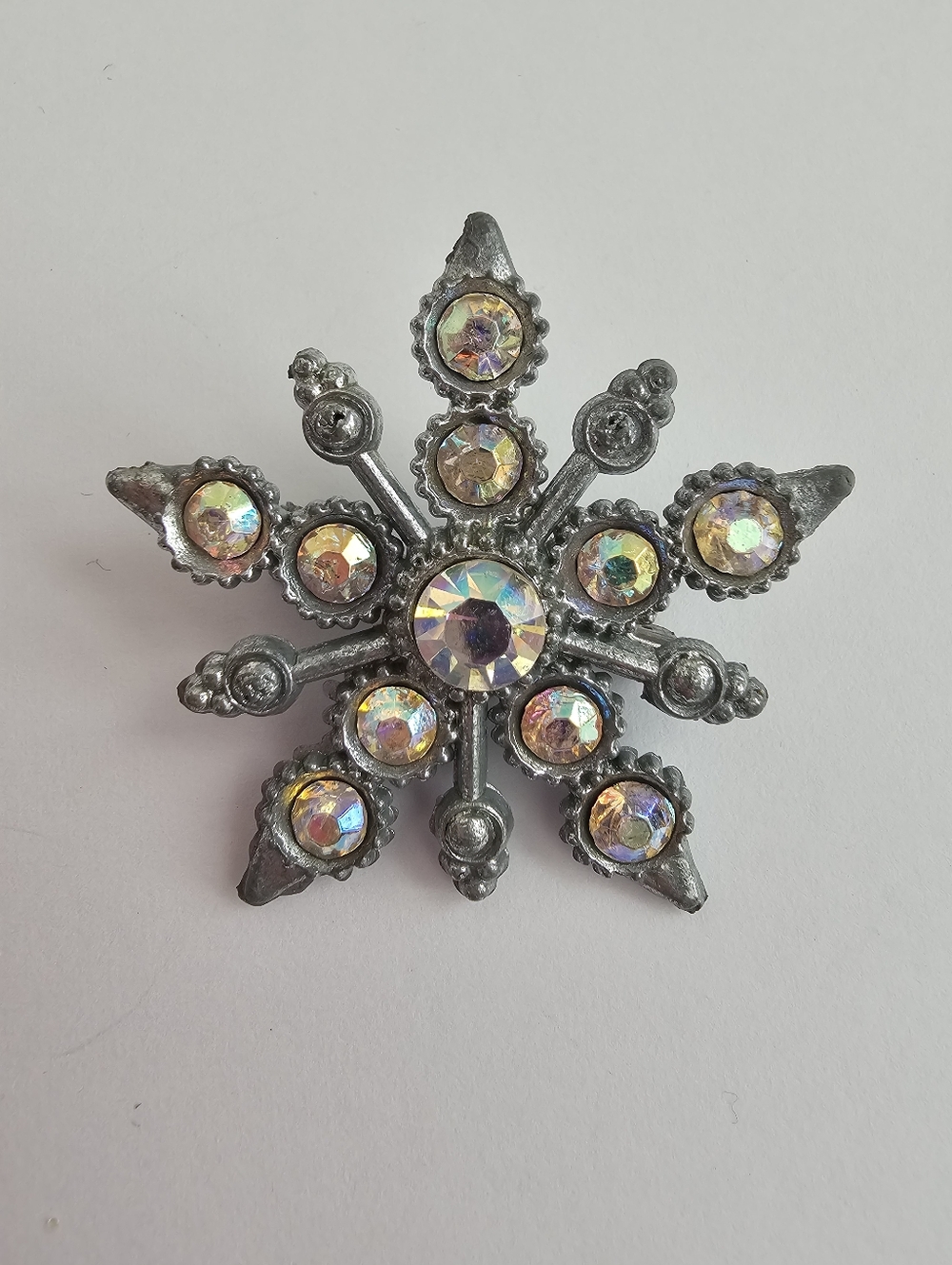 Vintage Mid-Century Aurora Borealis Rhinestone Snowflake Brooch Silver Tone